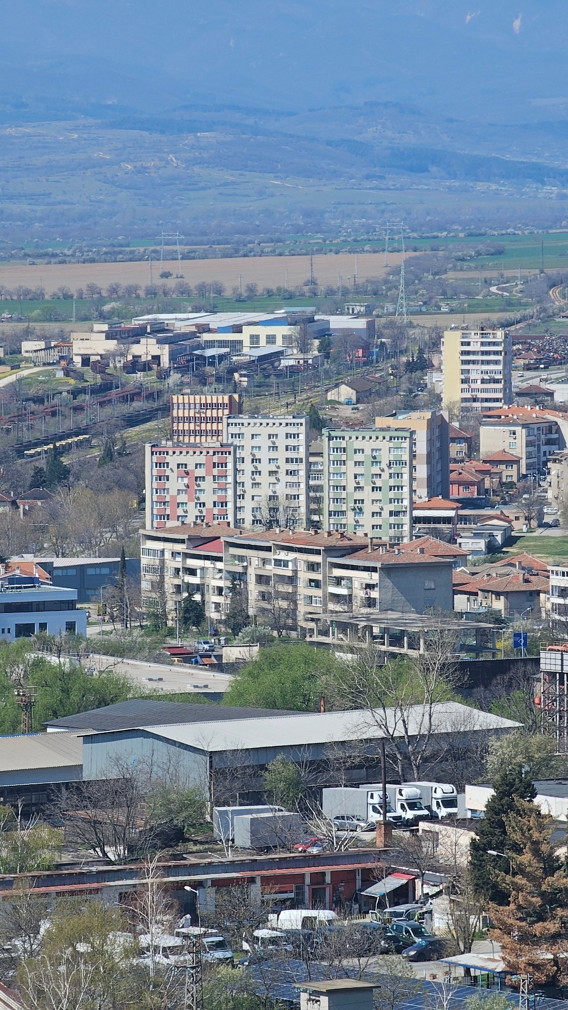 Elevated view captured of Karlovo, Bulgaria showing urban and mountain landscape