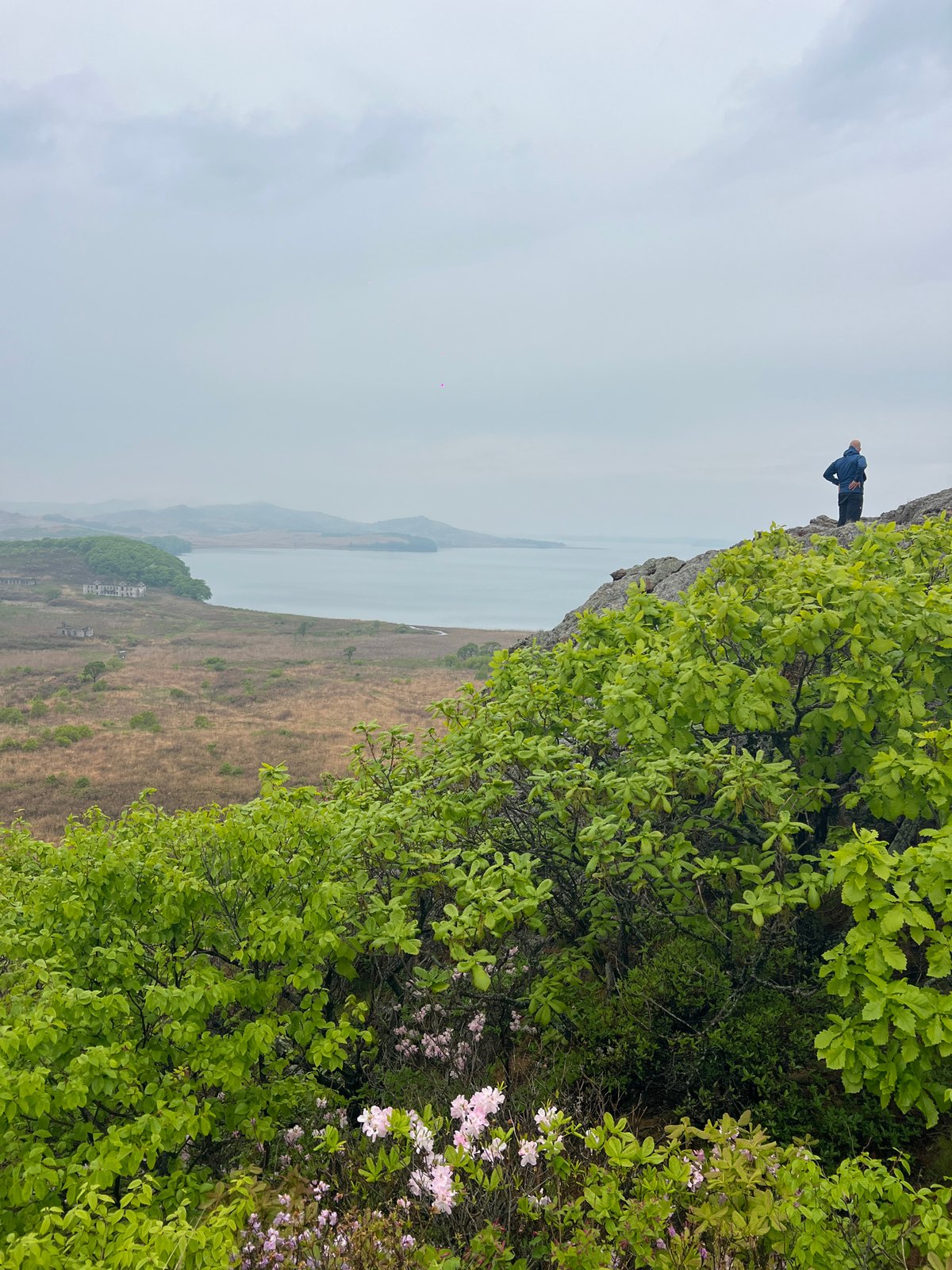 Two people observe coastal landscape from clifftop near Gvozdevo