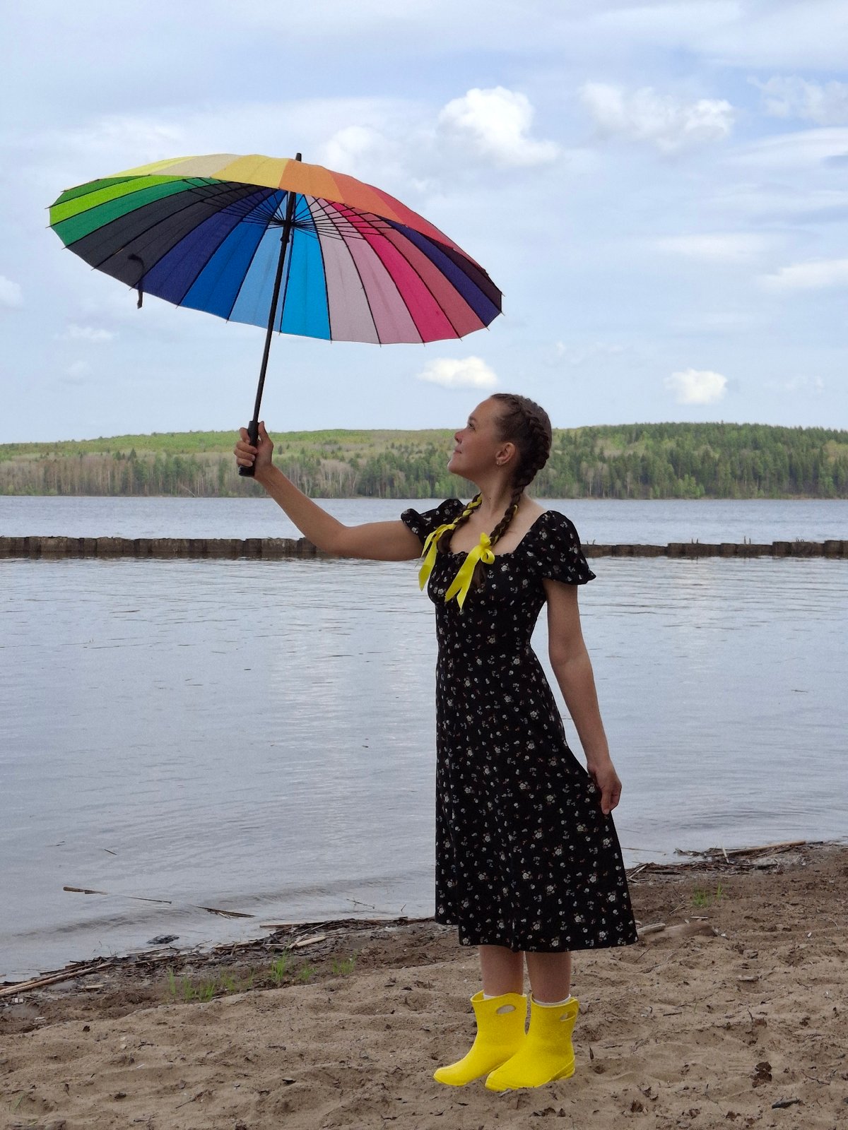 Woman enjoys morning beach outing in Chaikovsky, Russia