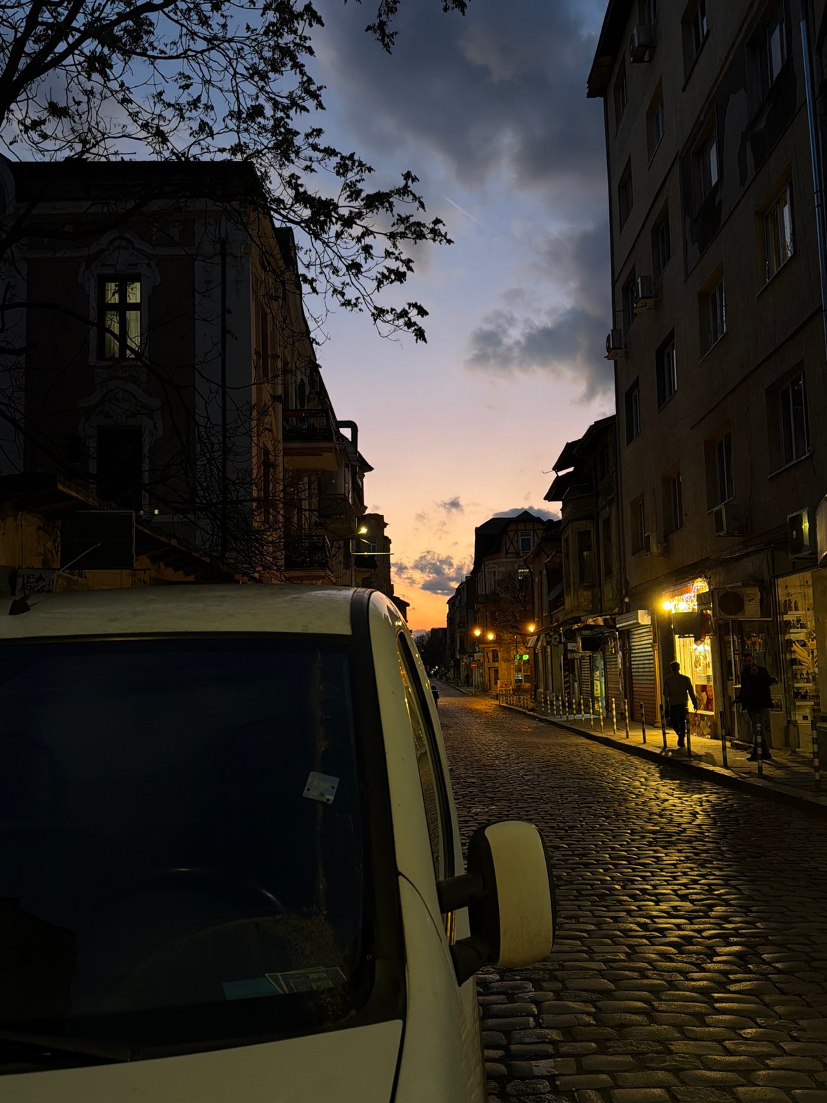 Cobblestone street photographed at night in Sofia, Bulgaria