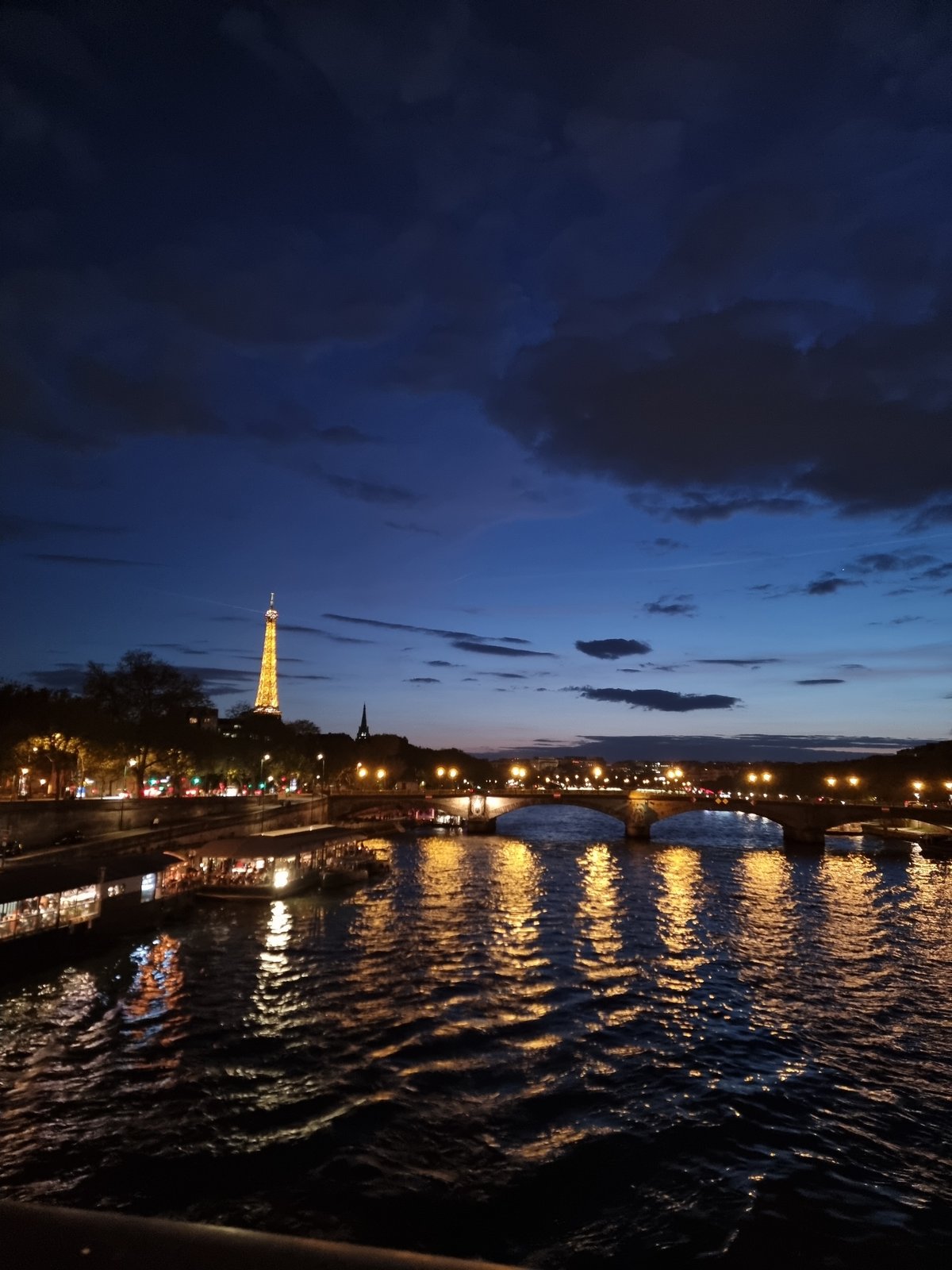 Evening scenes captured at illuminated Eiffel Tower and Alexandre III bridge