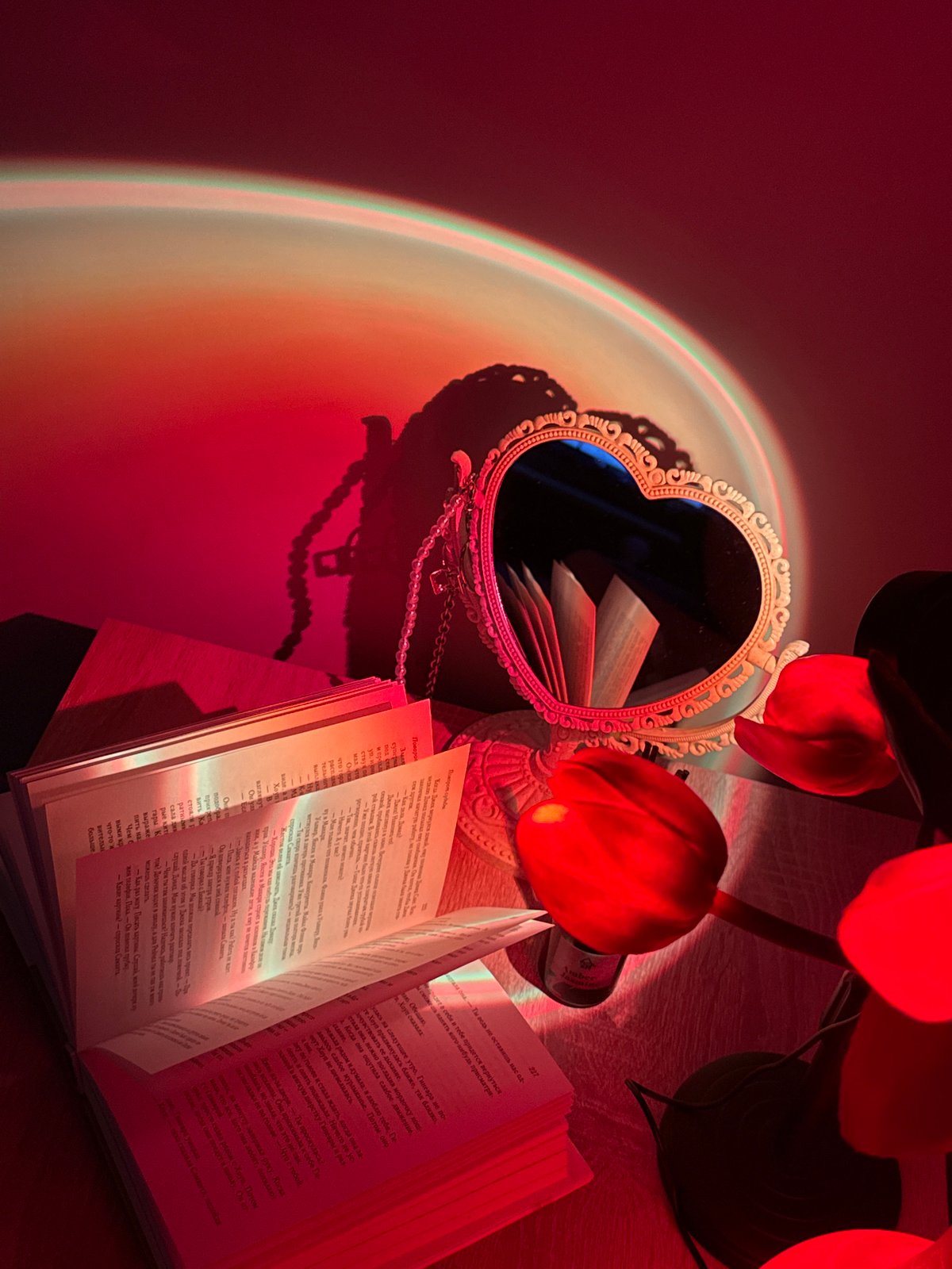 Atmospheric still life photography with colored projector lighting effects