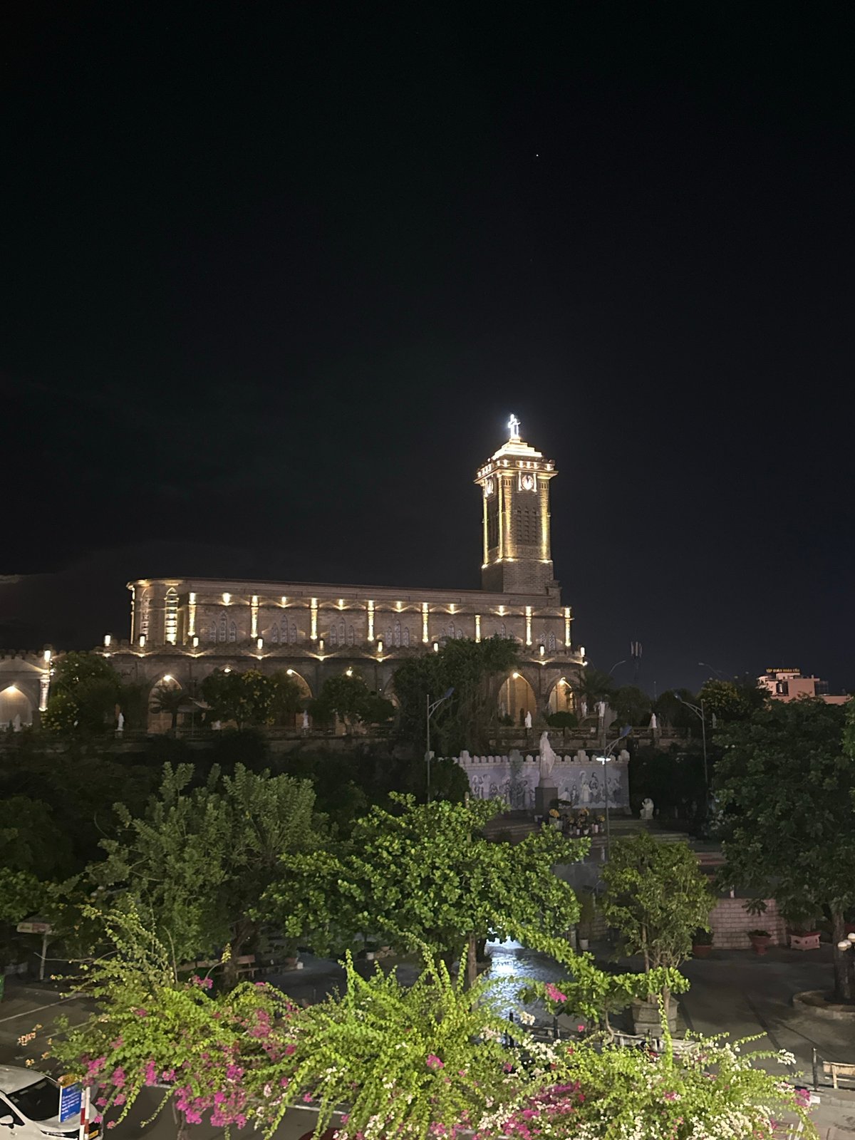 Nha Trang church glowing after dark