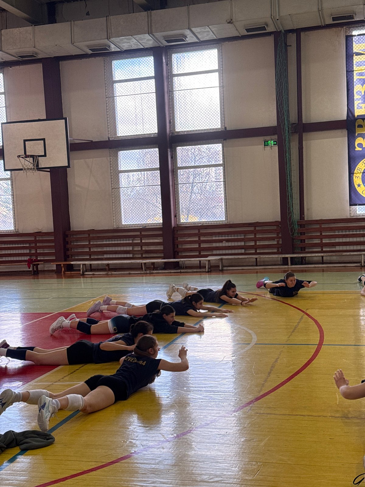 Volleyball team conducts stretching exercises in Sofia gymnasium