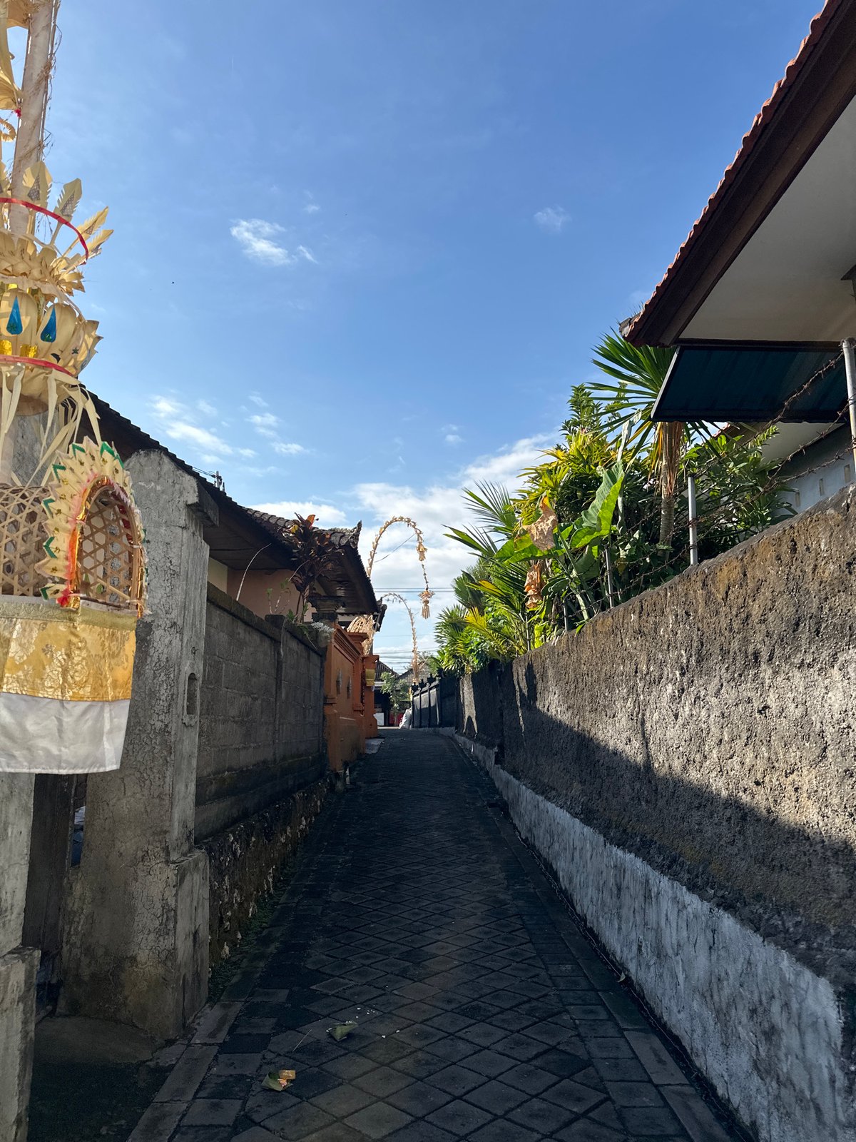 Wandering a quiet Balinese alleyway neighborhood, store stop included