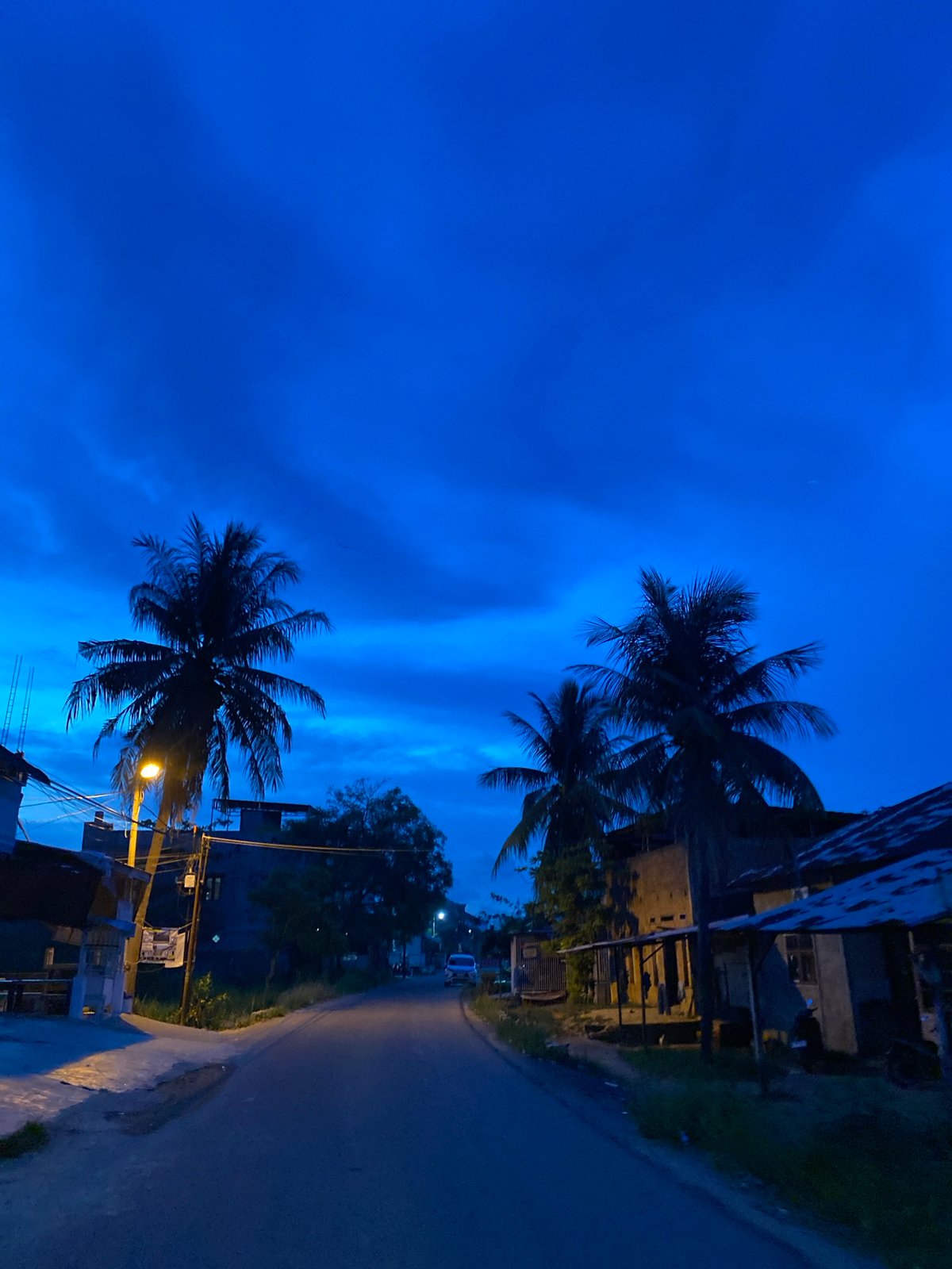 Twilight streets and palm silhouettes in Lhokseumawe, Indonesia