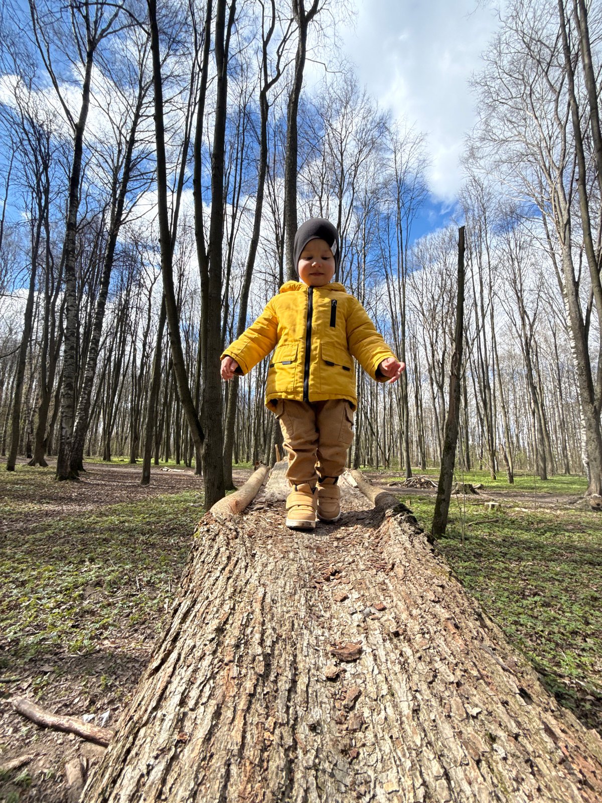 Child plays on fallen tree, rides bike in Russian forest