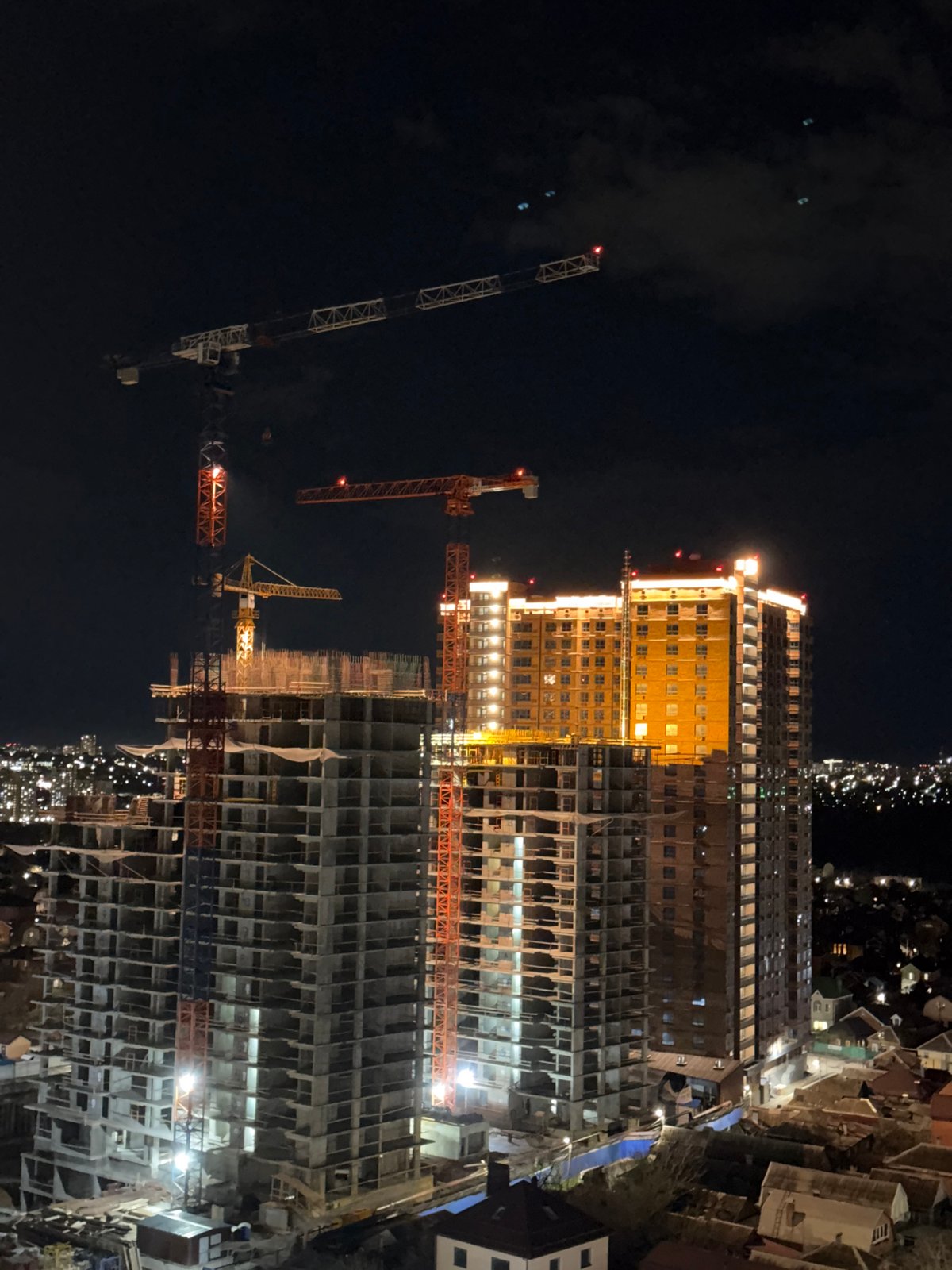 High-rise construction site observed at night in Rostov-on-Don