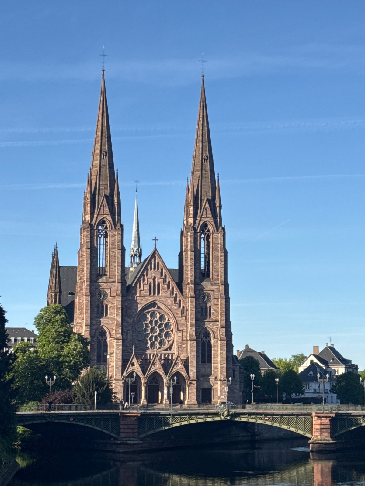 Gothic Revival church with twin spires observed in Strasbourg