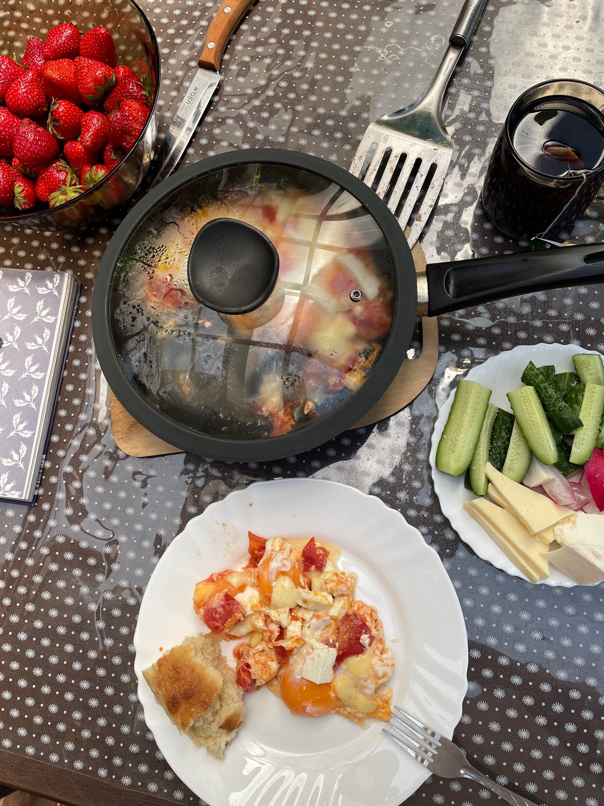 Seaside breakfast spread on a sunny morning terrace
