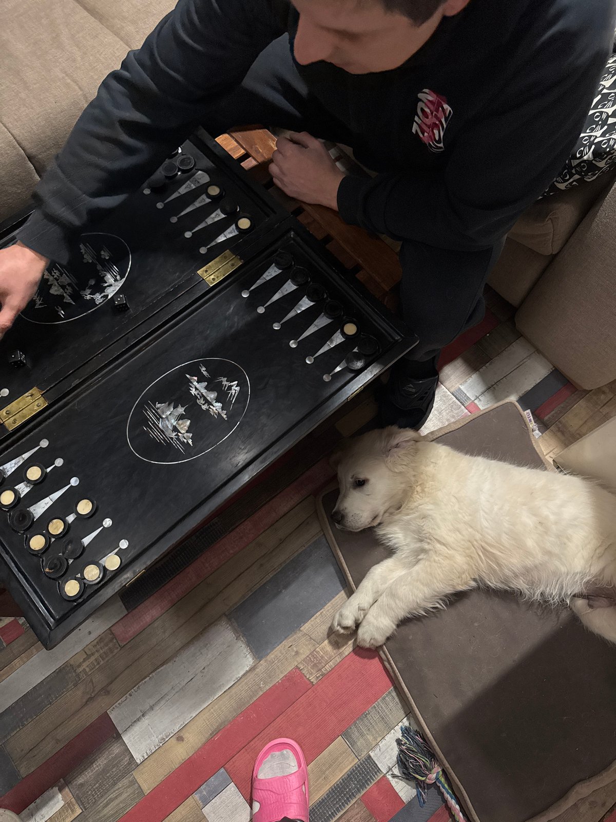 Man plays backgammon while dog sleeps nearby in Russia