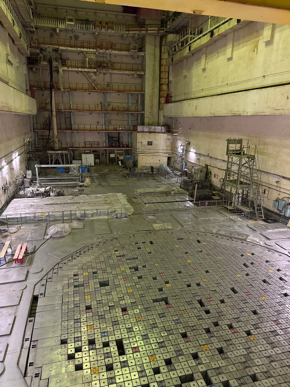 Dense grid of metallic elements covers vast industrial floor in Ukraine