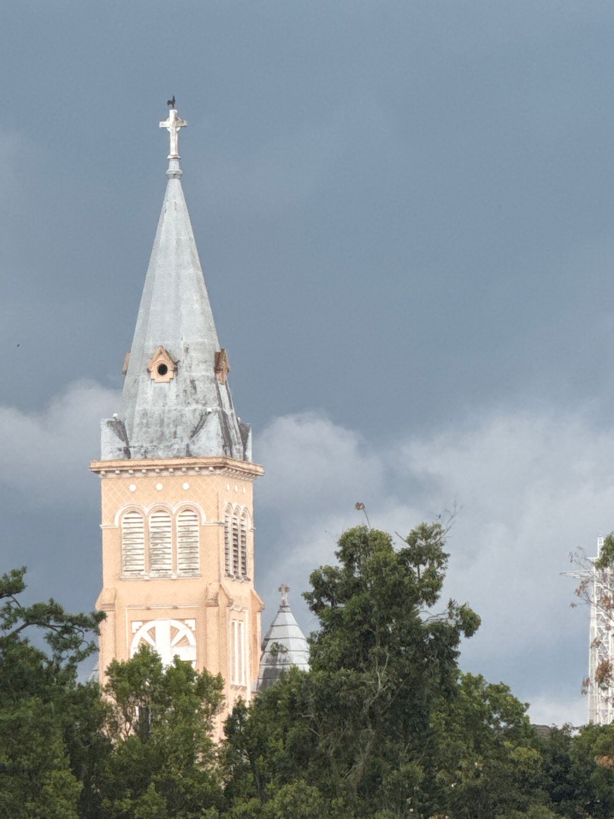 Da Lat street-level mix: cathedral, market stalls, and city towers