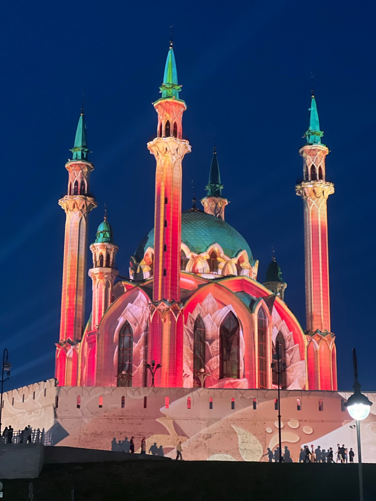 Kul Sharif Mosque illuminated with colorful light projections in Kazan