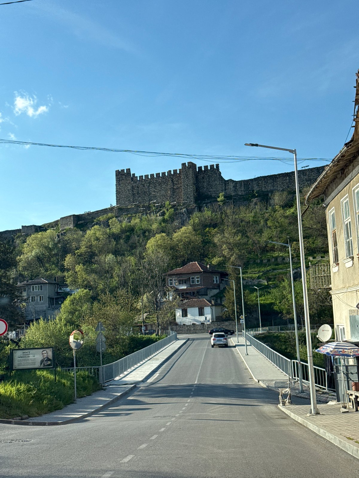 Street scene captured near historic fortress in Veliko Tarnovo