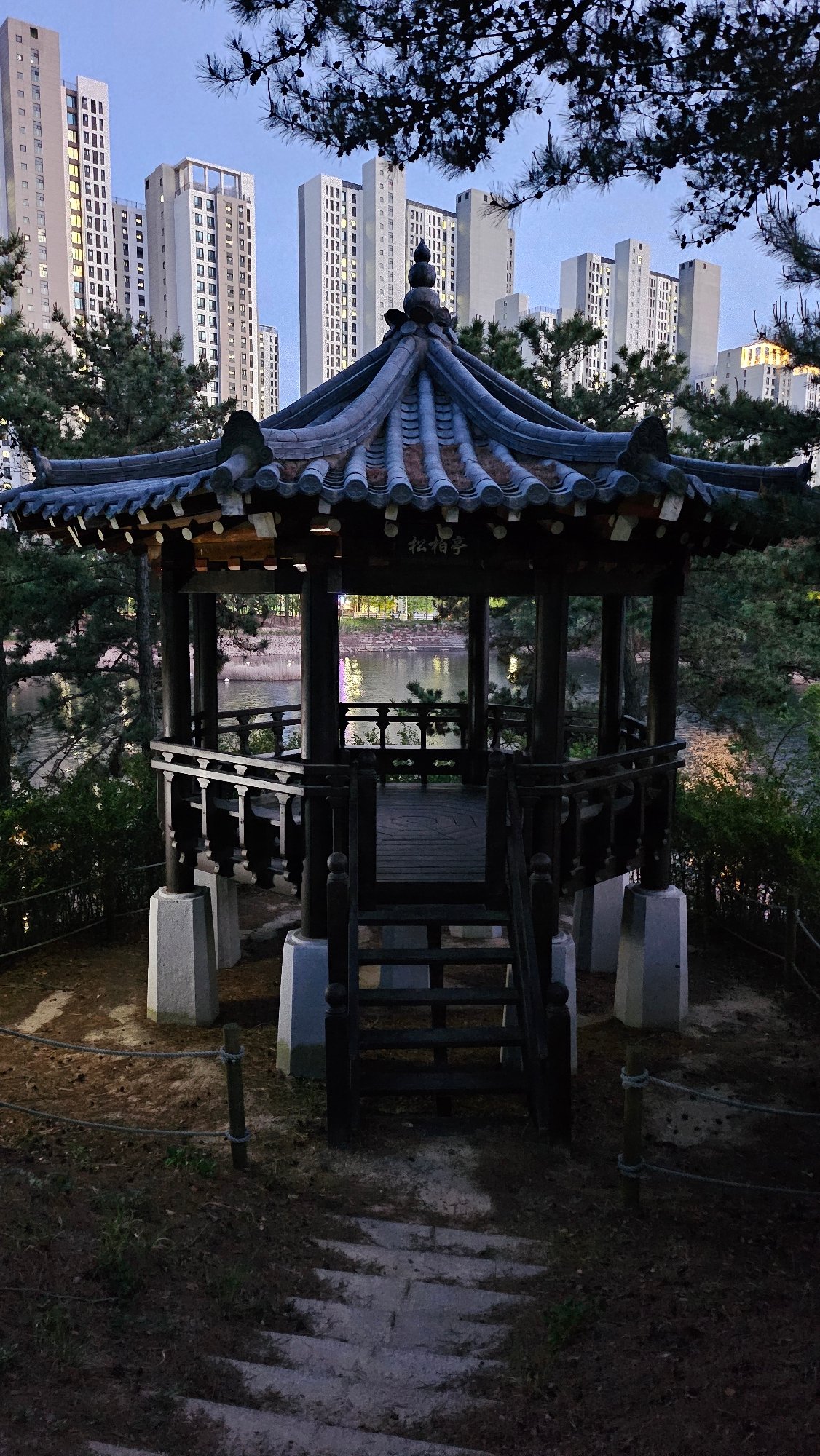 Visitor documents peaceful morning at Ulsan Grand Park pavilions