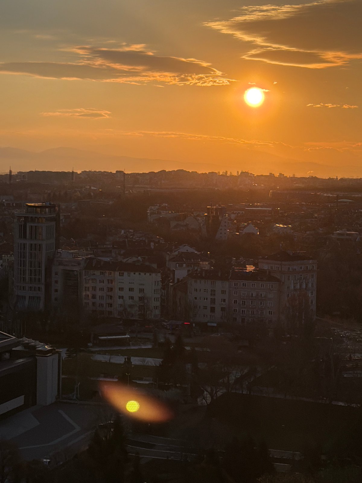 Sunset aerial view captured over Sofia, Bulgaria cityscape