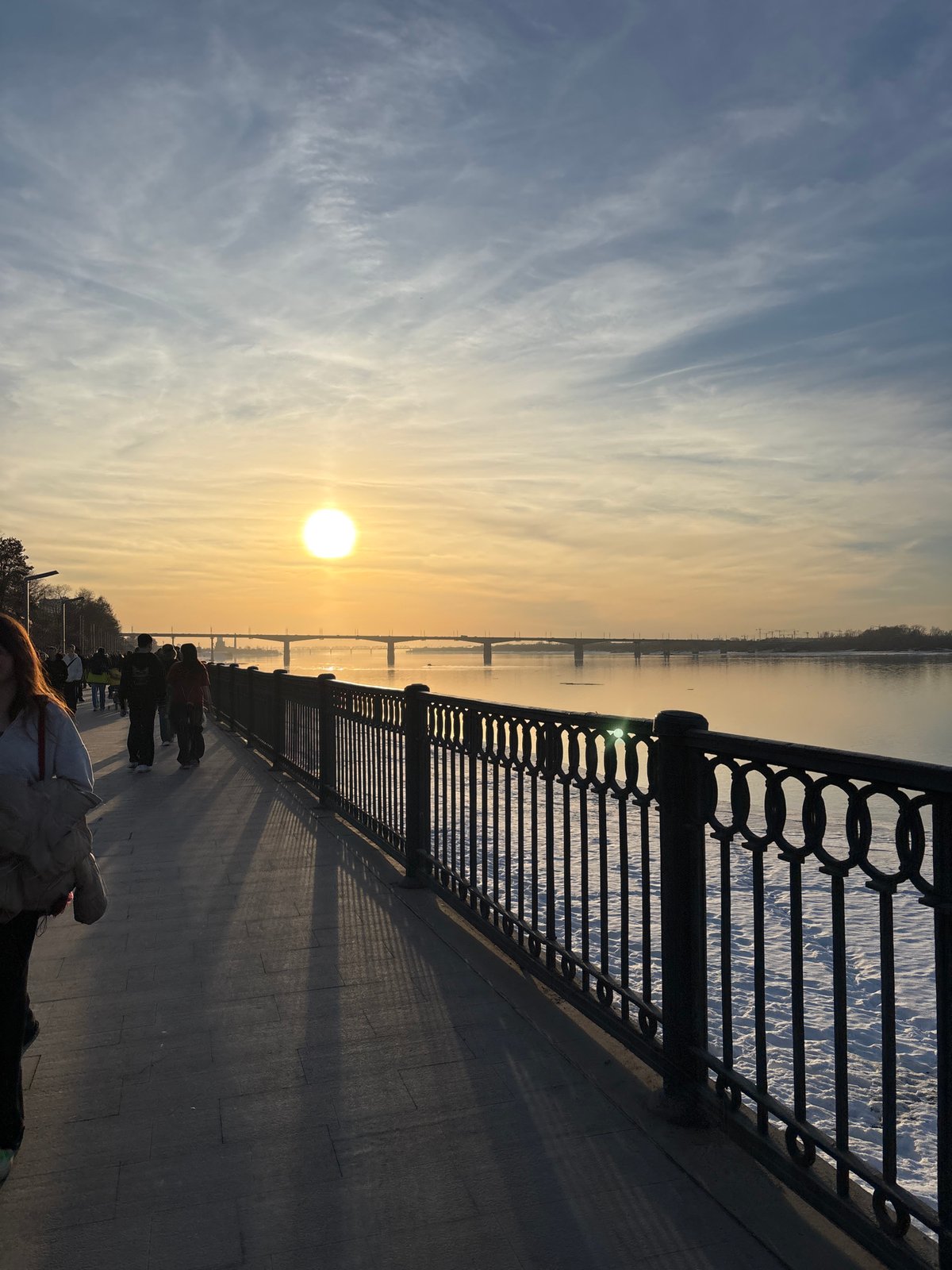 Sunset observed along Kama River embankment in Perm, Russia
