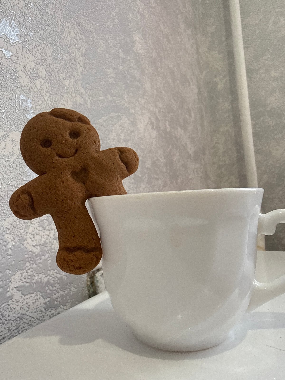 Gingerbread cookie perches on mug rim in Perm