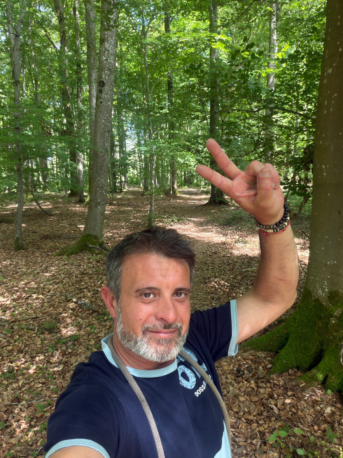 Man walks dog through Luxembourg countryside on sunny afternoon