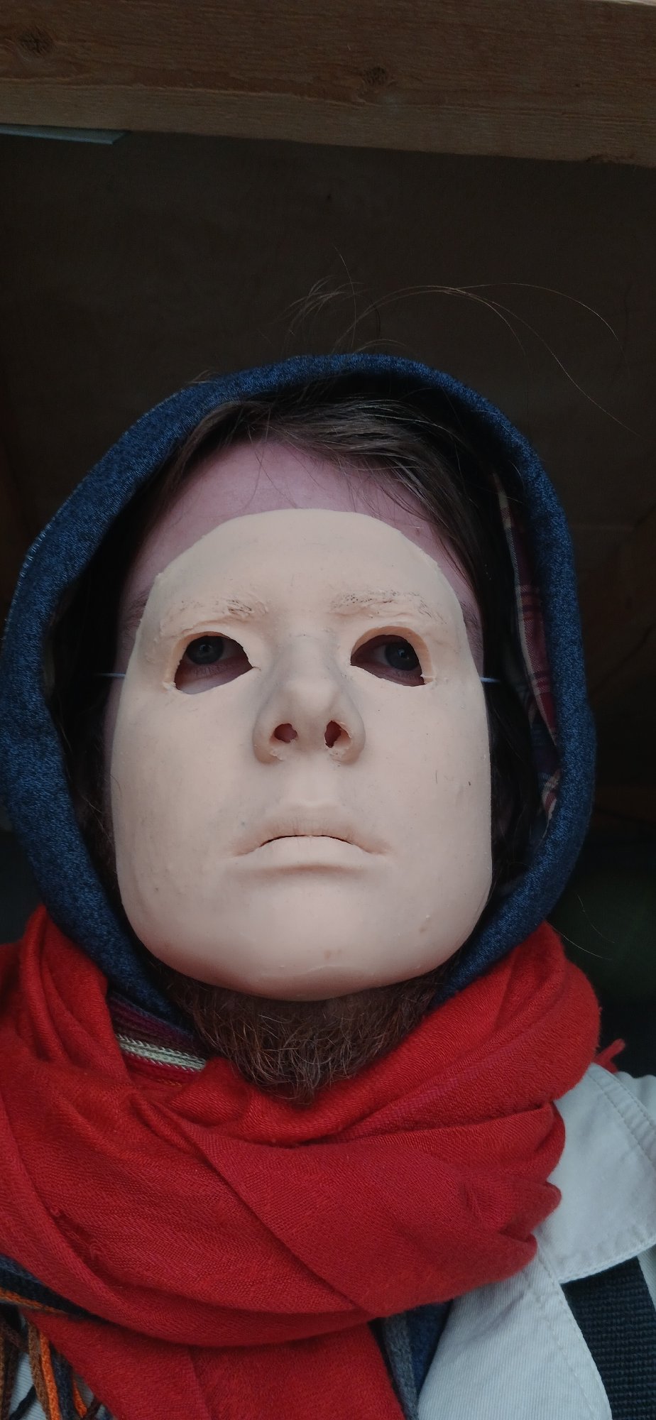 Masked individual observed behind glass holding device