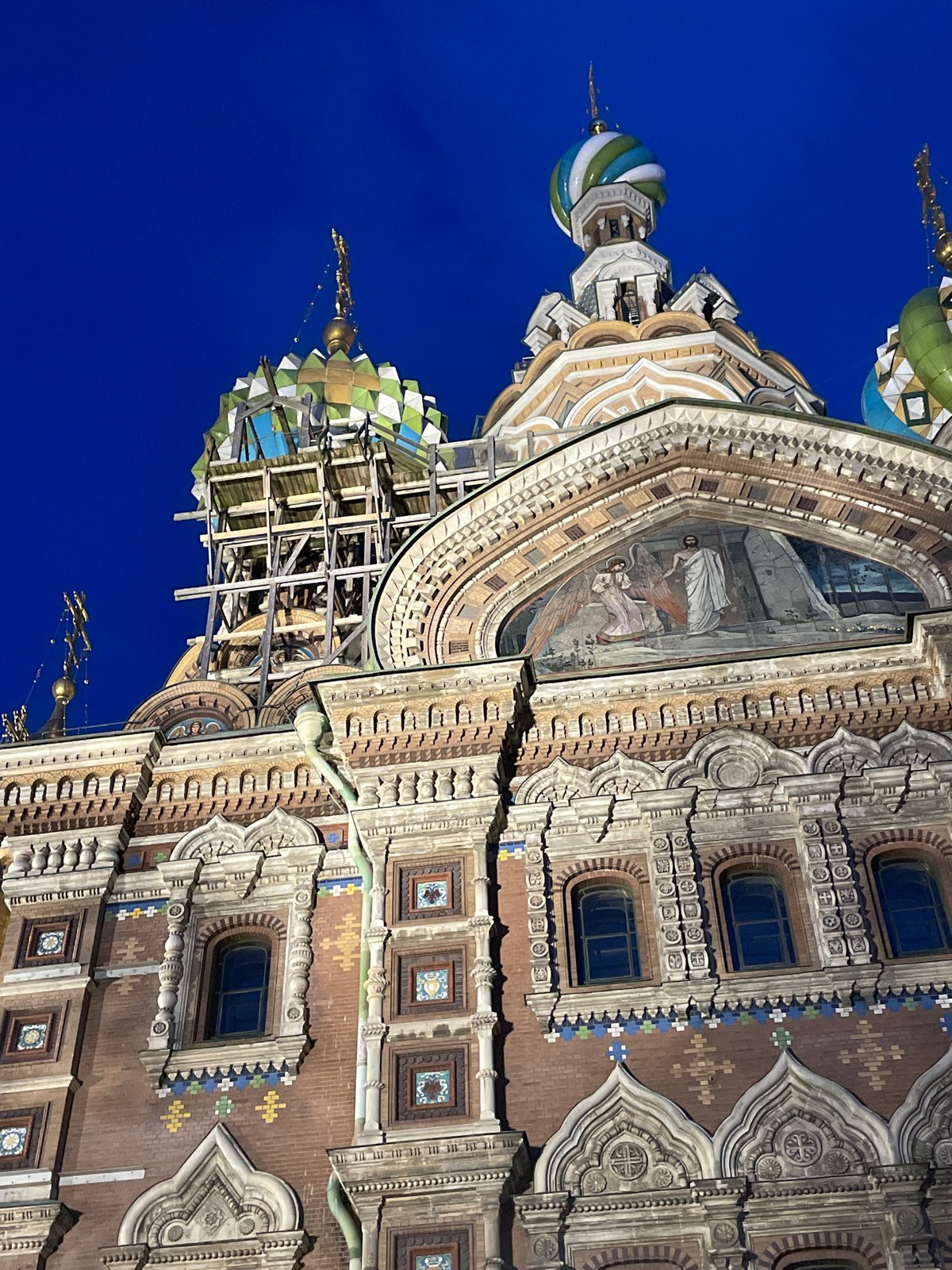 Russian Orthodox cathedral illuminated against night sky in Russia