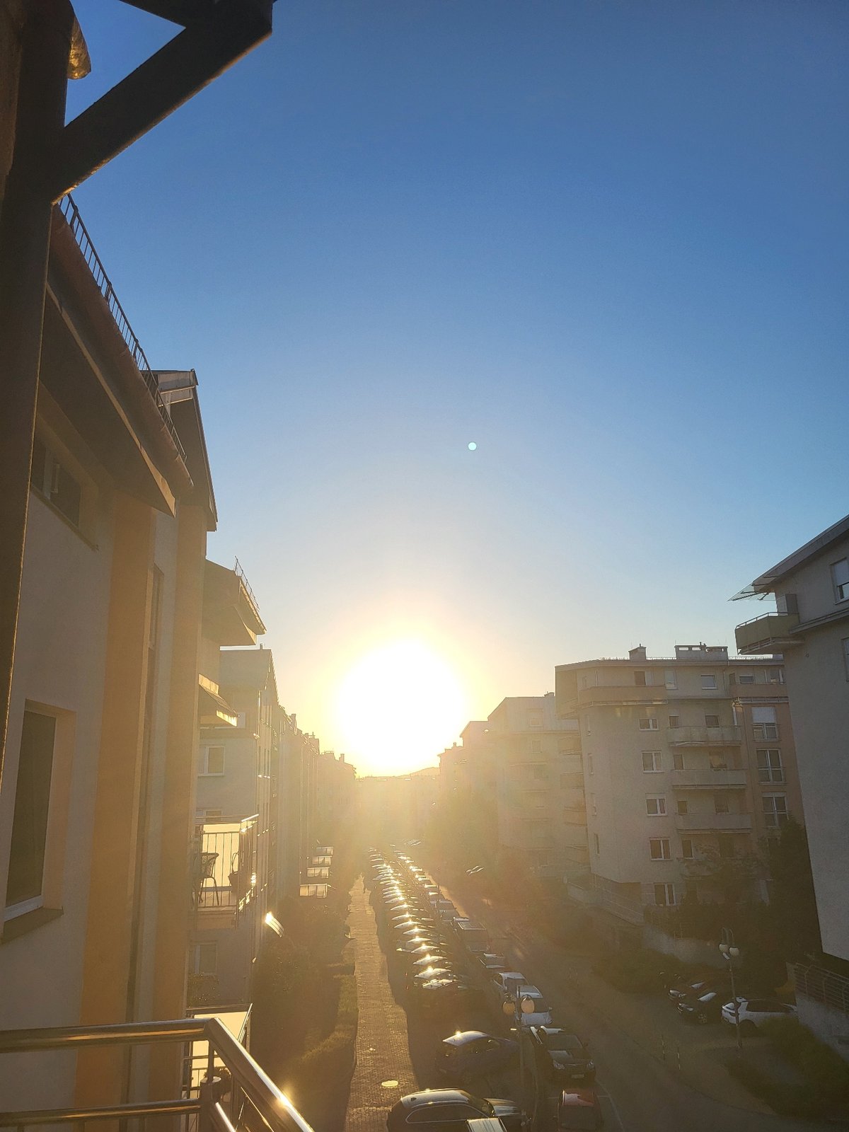 Golden-hour sun over a city street, lens flare and all