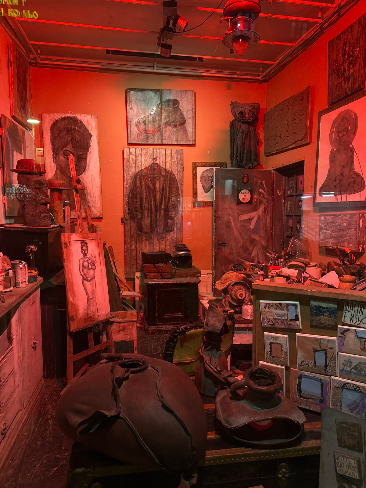 Artist studio and moody restaurant interior, Sofia