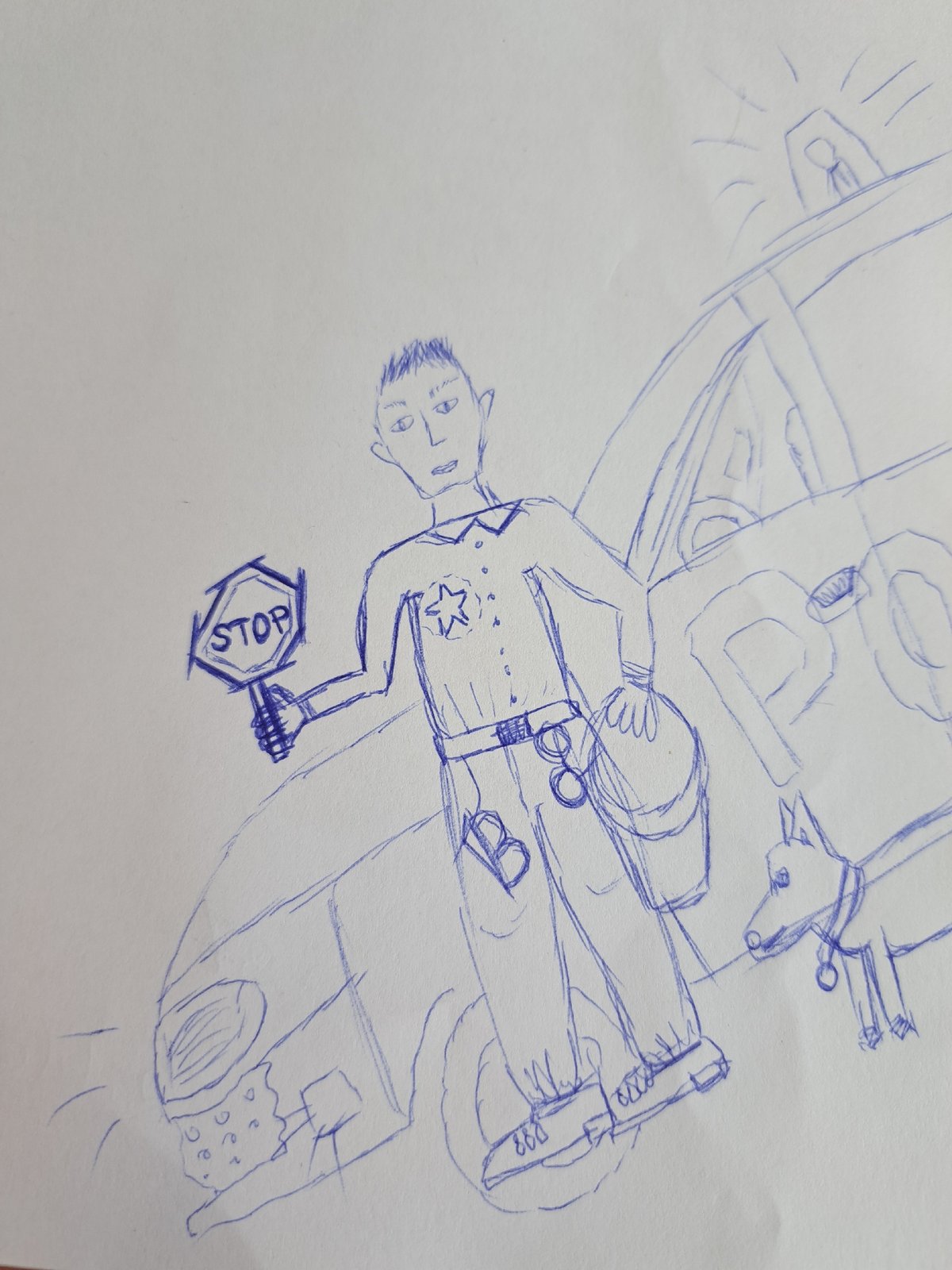Drawing shows police officer with stop sign near vehicle