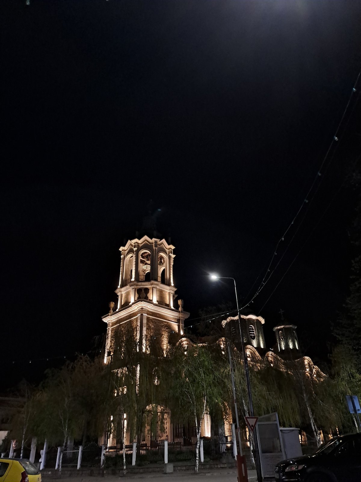 Nighttime urban monuments and illuminated buildings observed April 9
