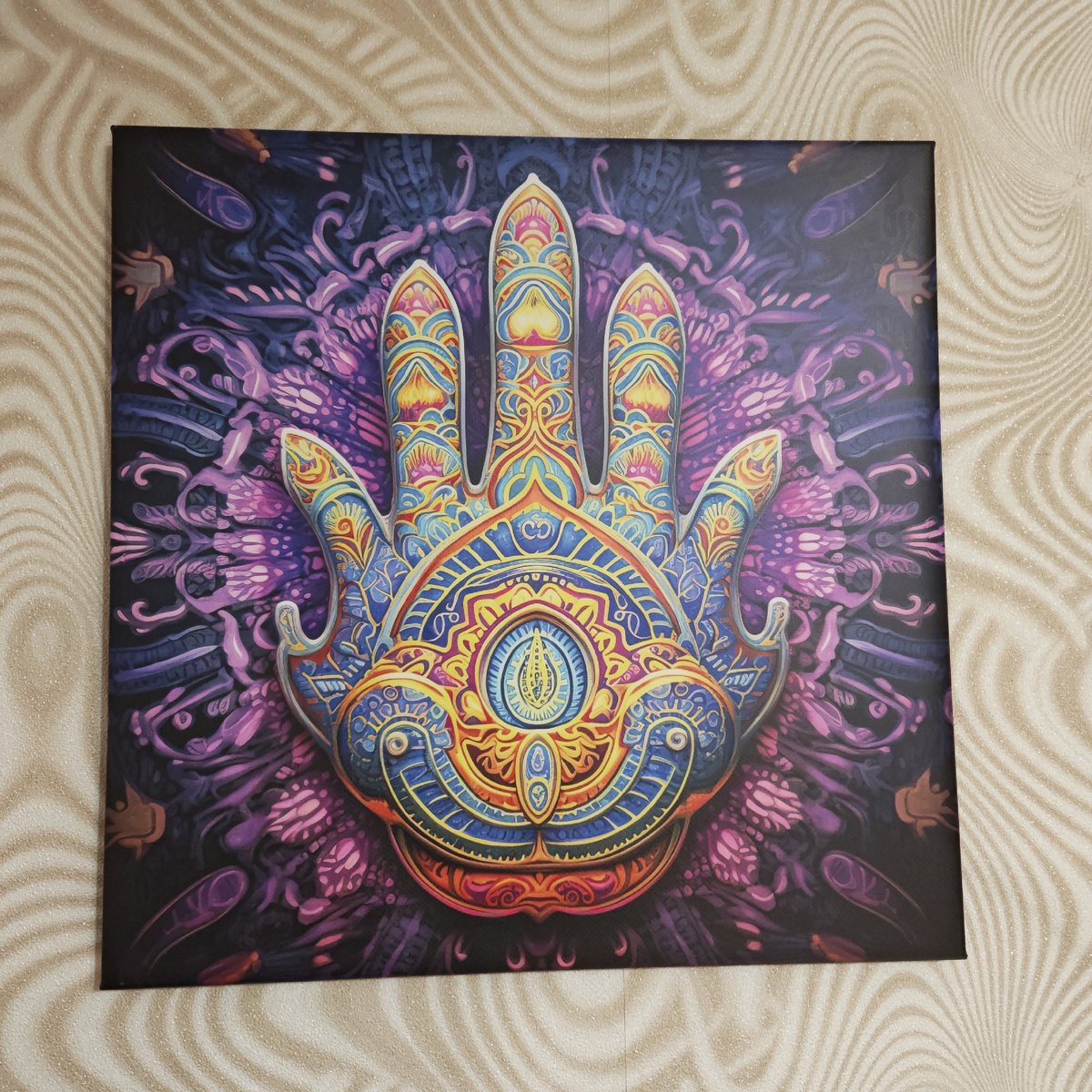 Ornate Hamsa hand artwork displayed in Kladovitsy home