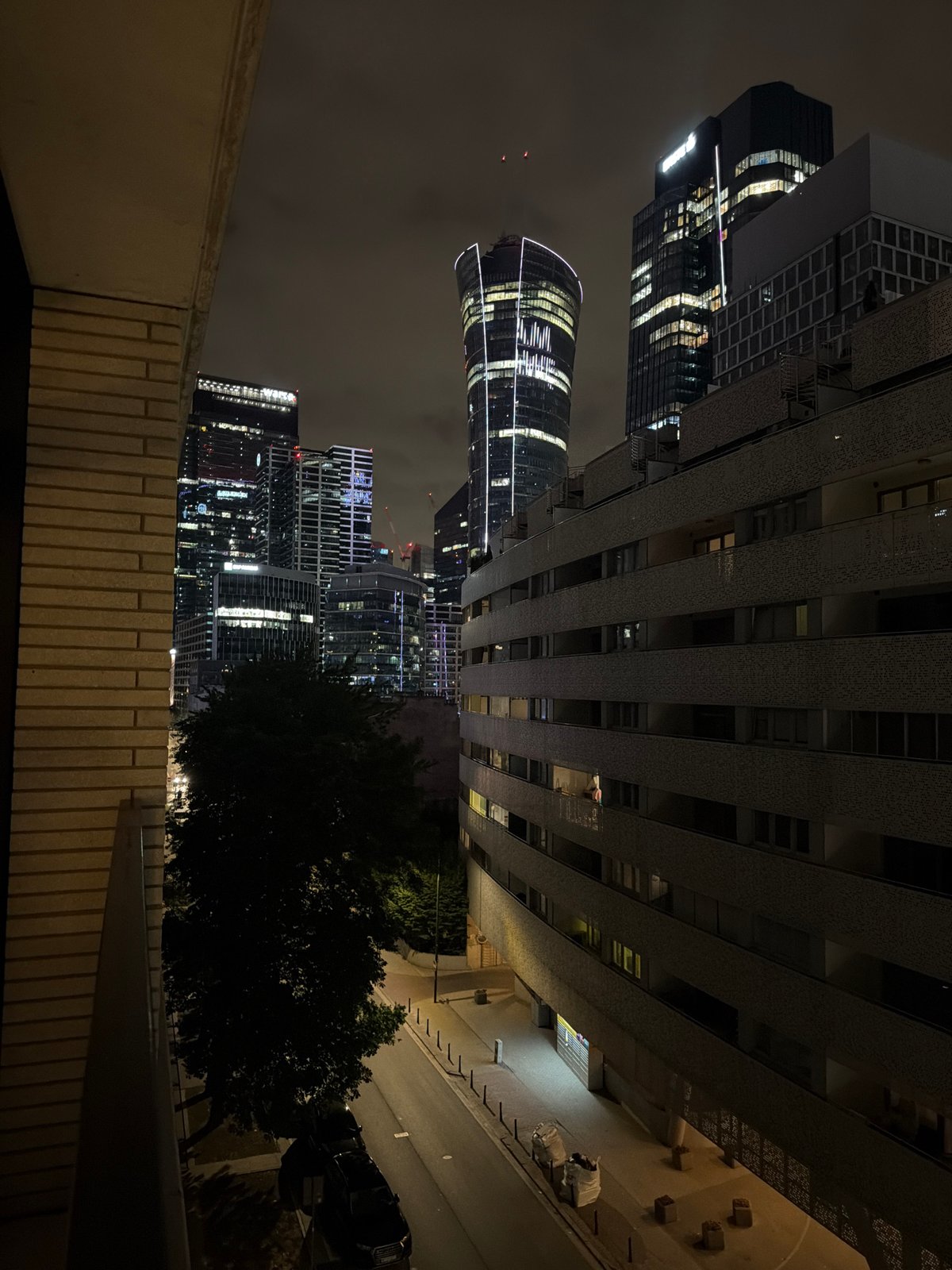 Warsaw skyline at night, from a high-rise building