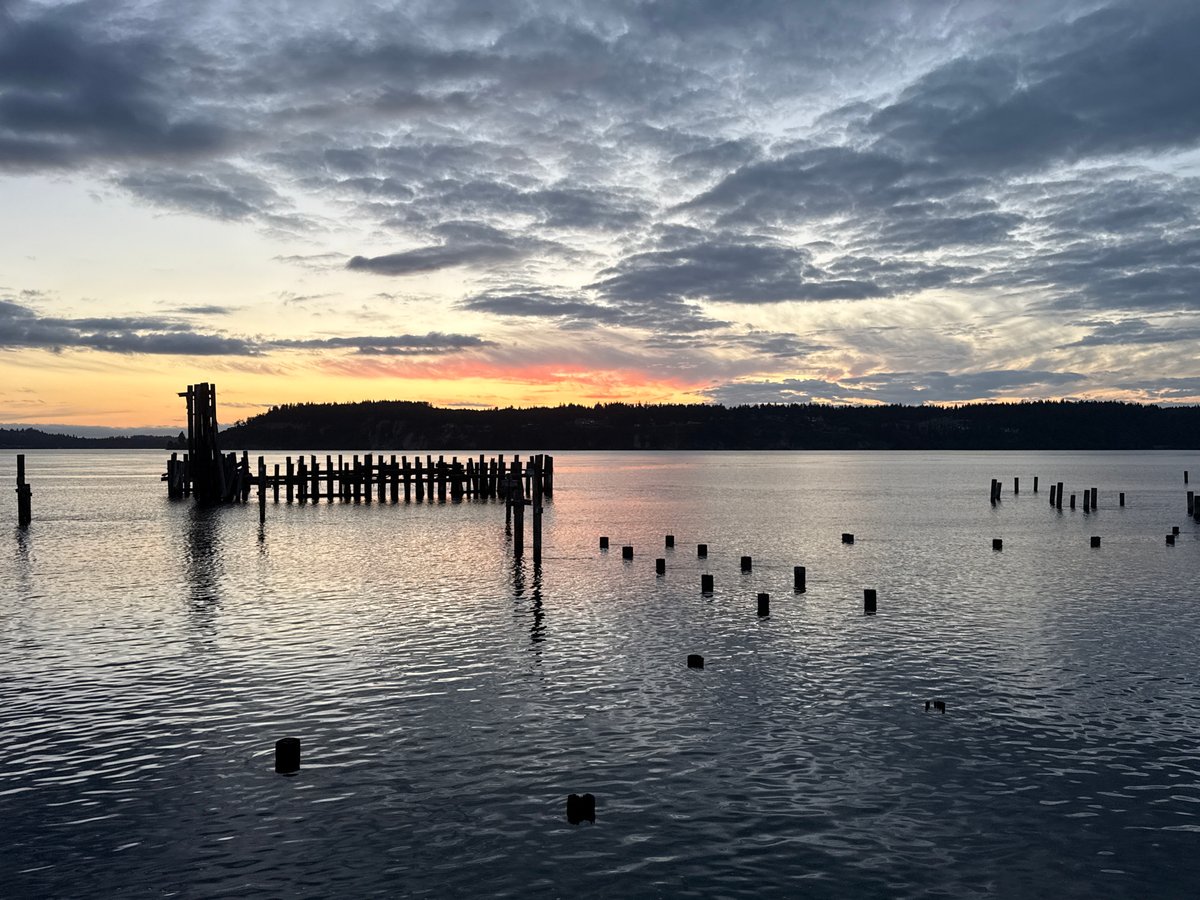 Dusk over Commencement Bay, old pilings in the water