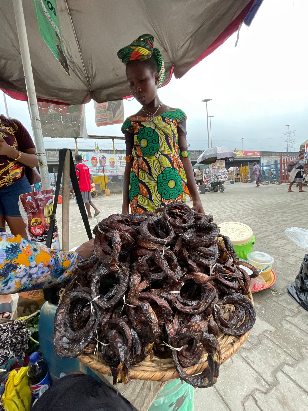 Street market in Lekki: dried fish and hot food for sale
