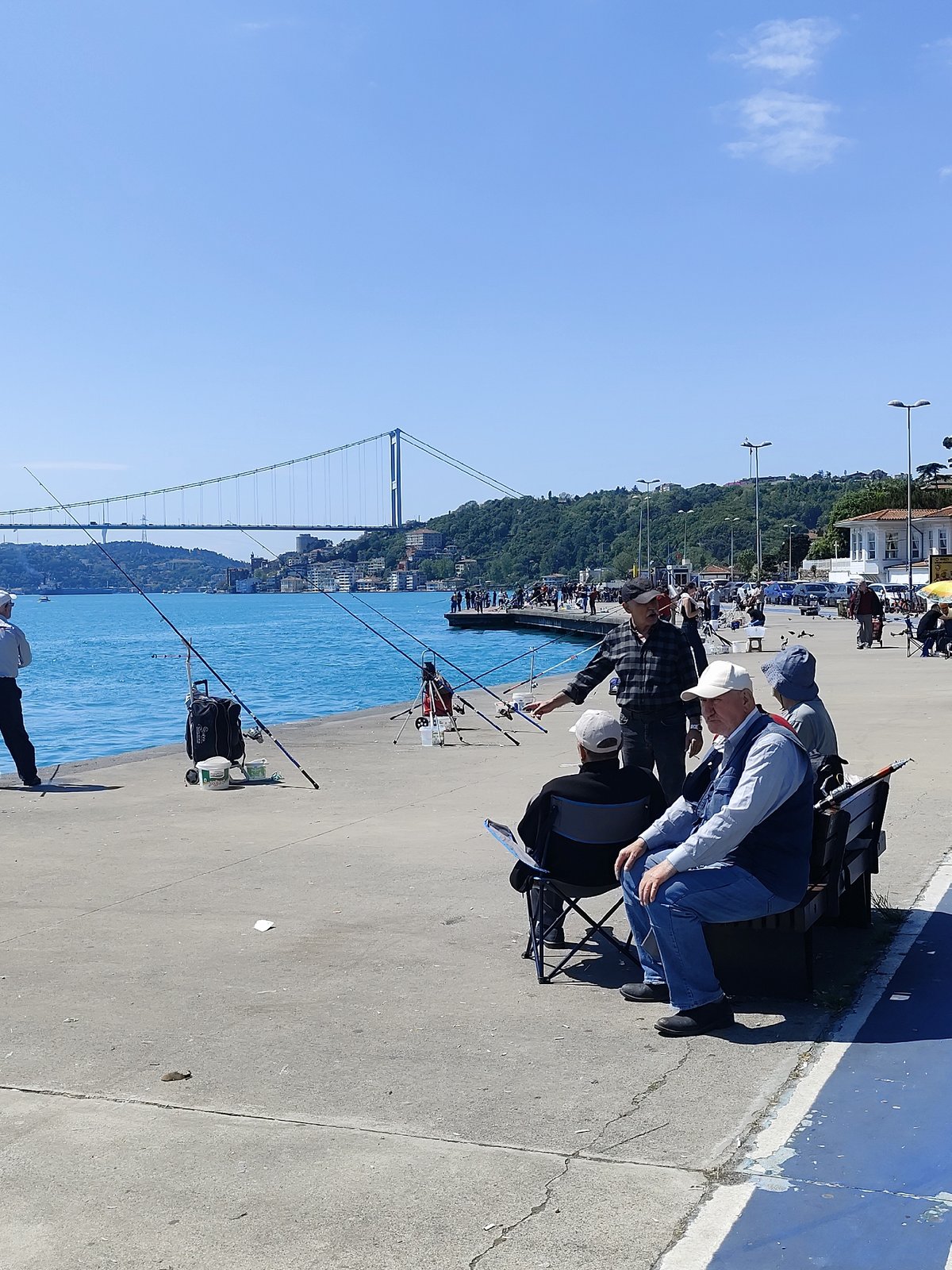 Morning life along Sarıyer waterfront: fishing, pigeons, families