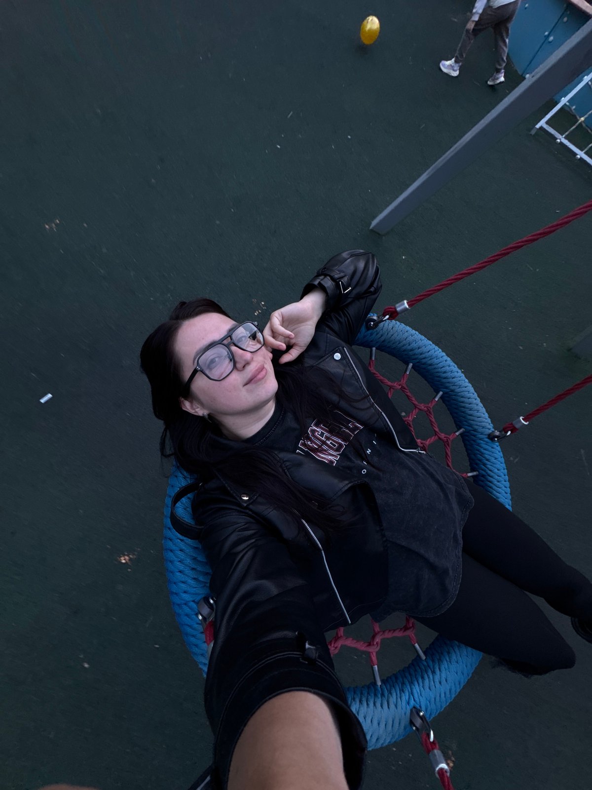 Playground swing session with woman, child, and husky dog captured