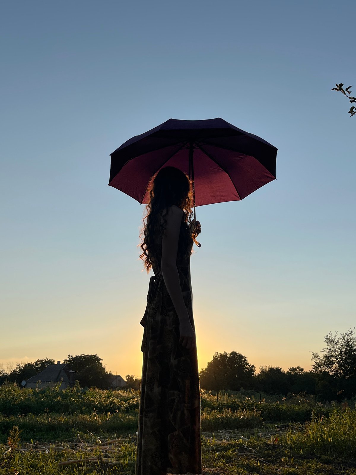 Sunset silhouette series with a maroon umbrella at golden hour
