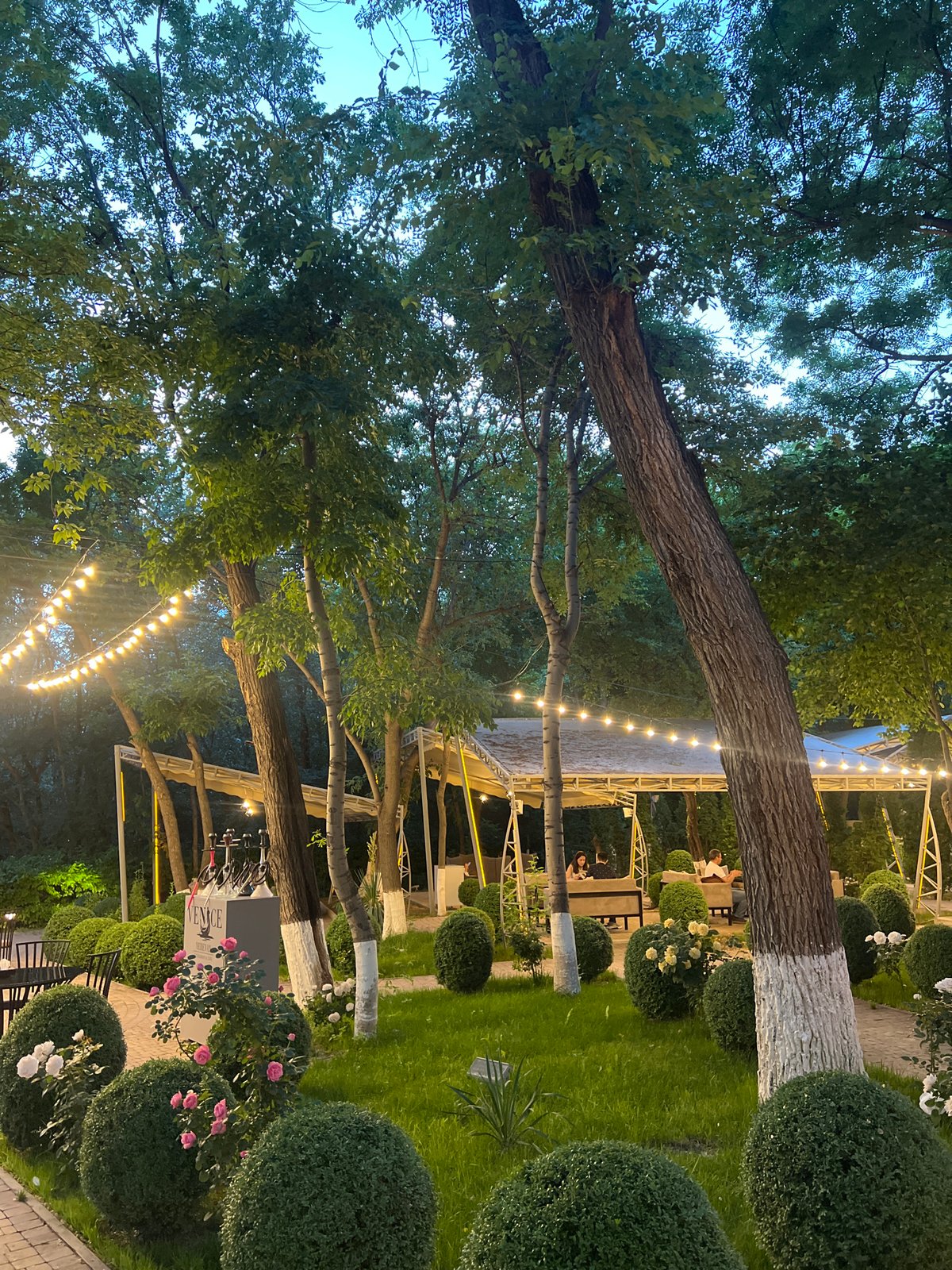Evening dining scene captured at Yerevan restaurant during twilight