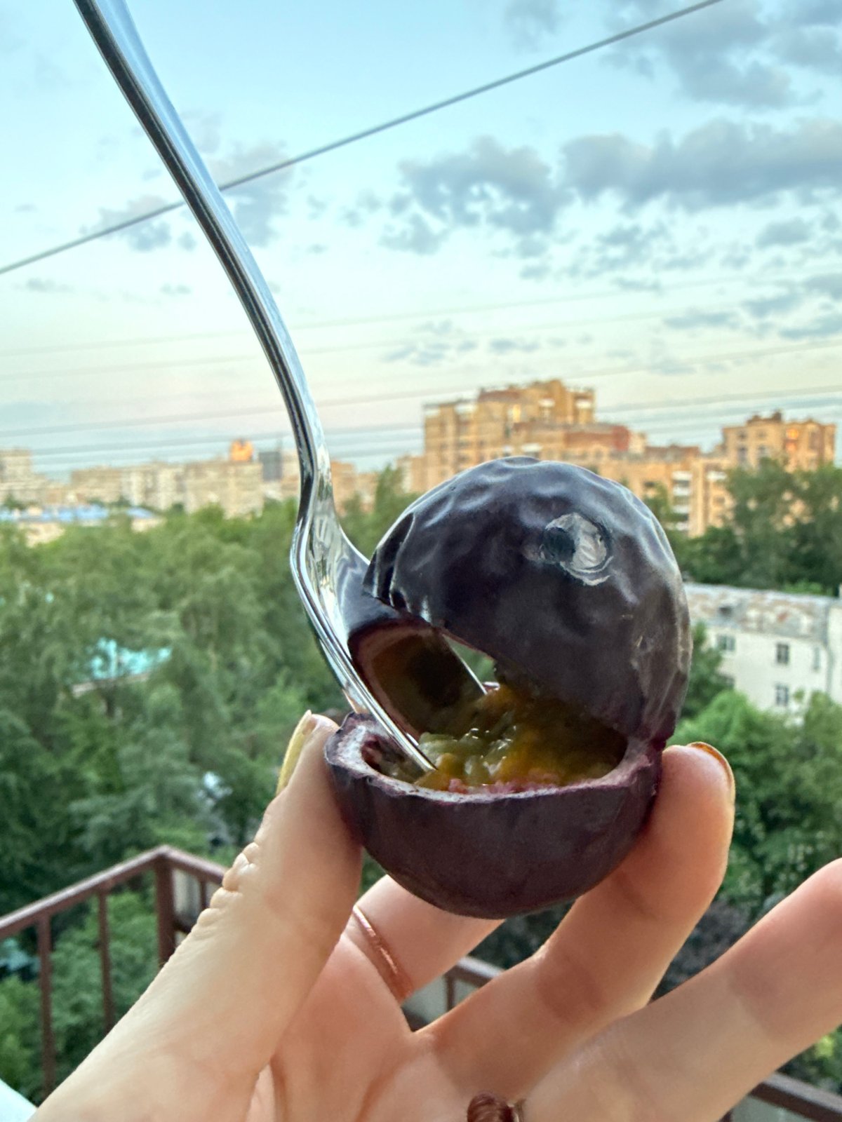 Person enjoys tropical fruit feast across Moscow skyline