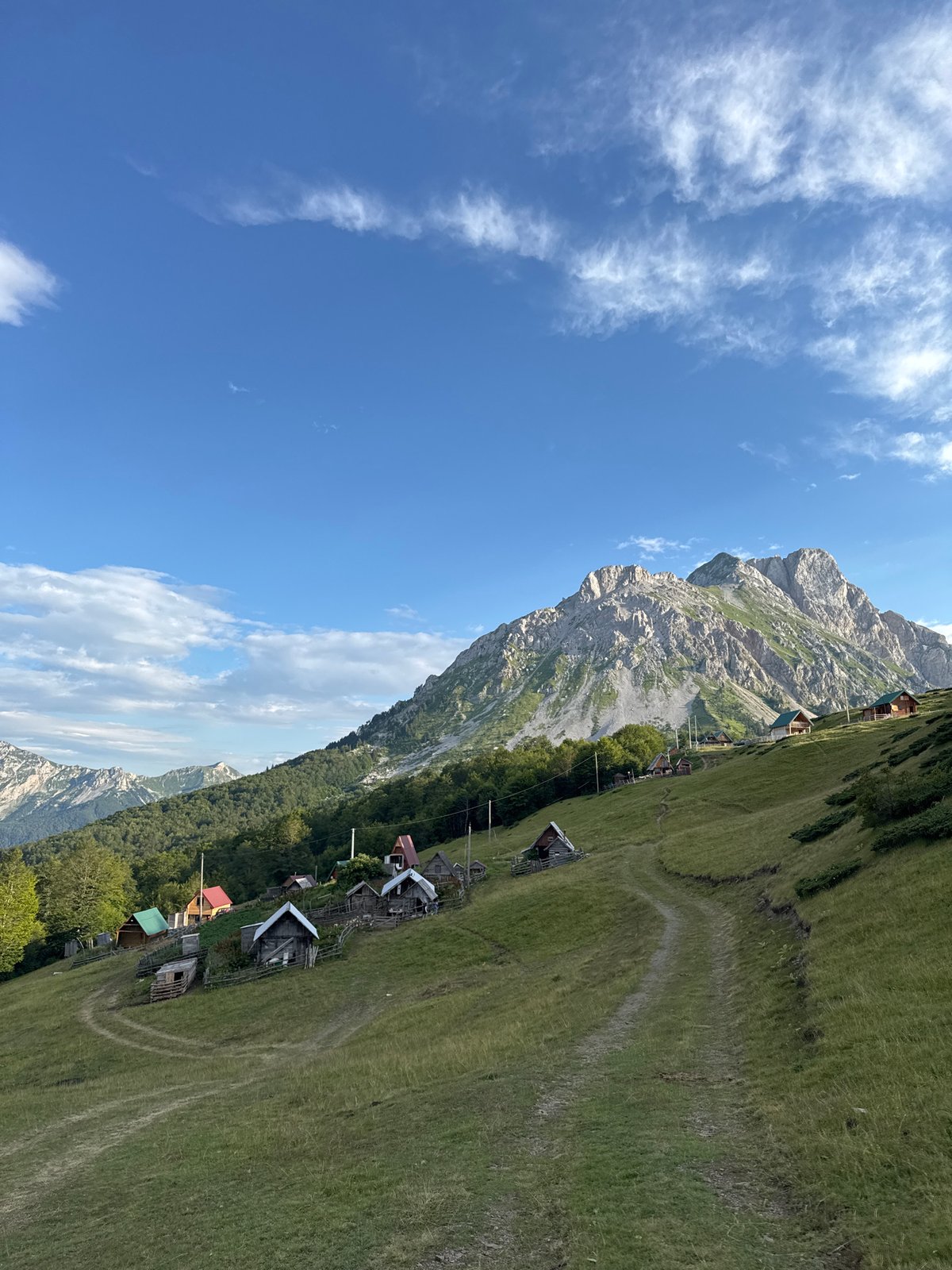 Rustic mountain cabins on a grassy slope in rural Montenegro
