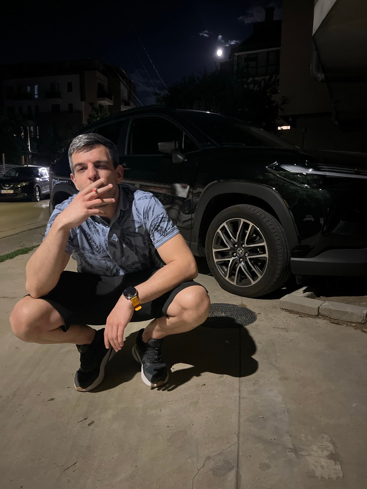 Evening in Sofia: streetside smoke break and a Toyota city drive