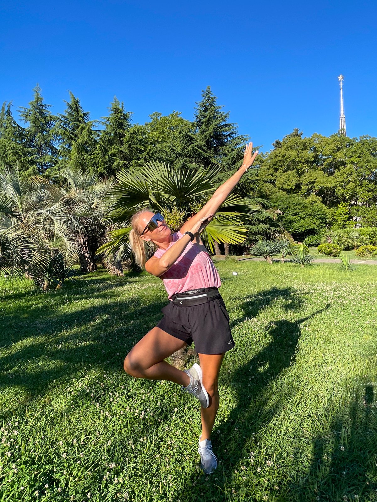 Sunny morning fitness and leisure in a Sochi park