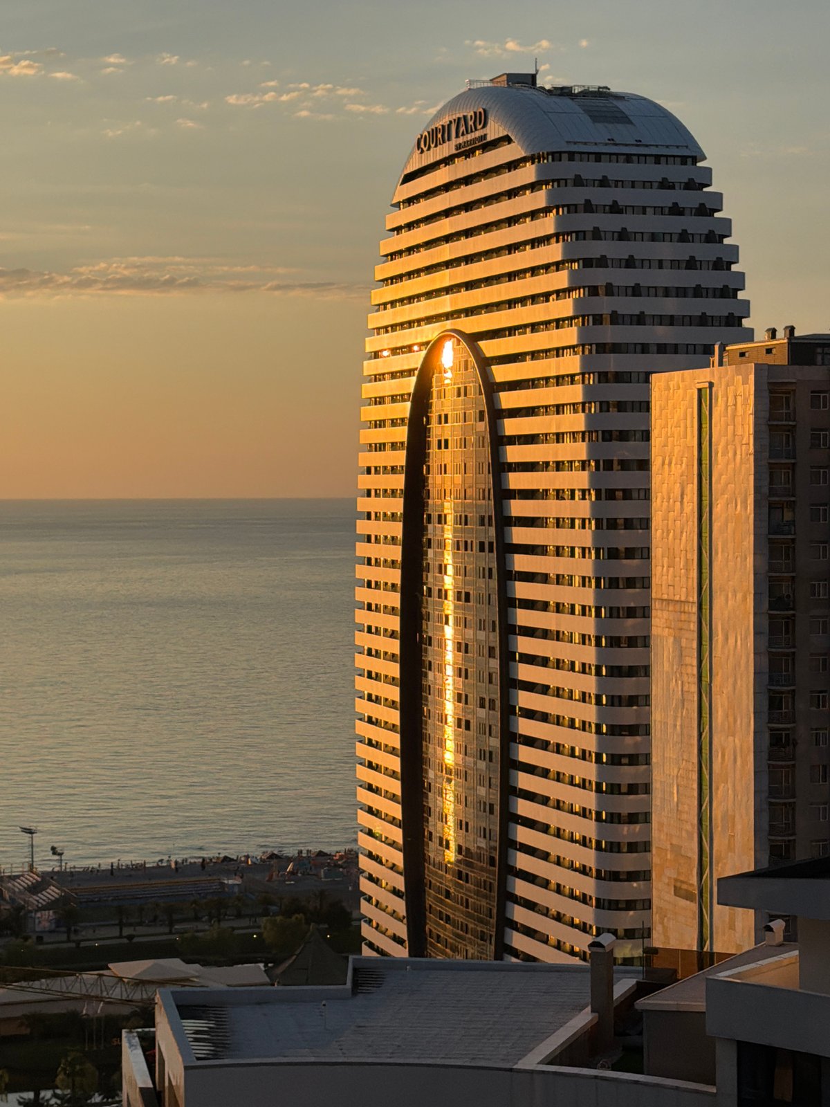 Batumi skyline and Courtyard hotel at golden hour