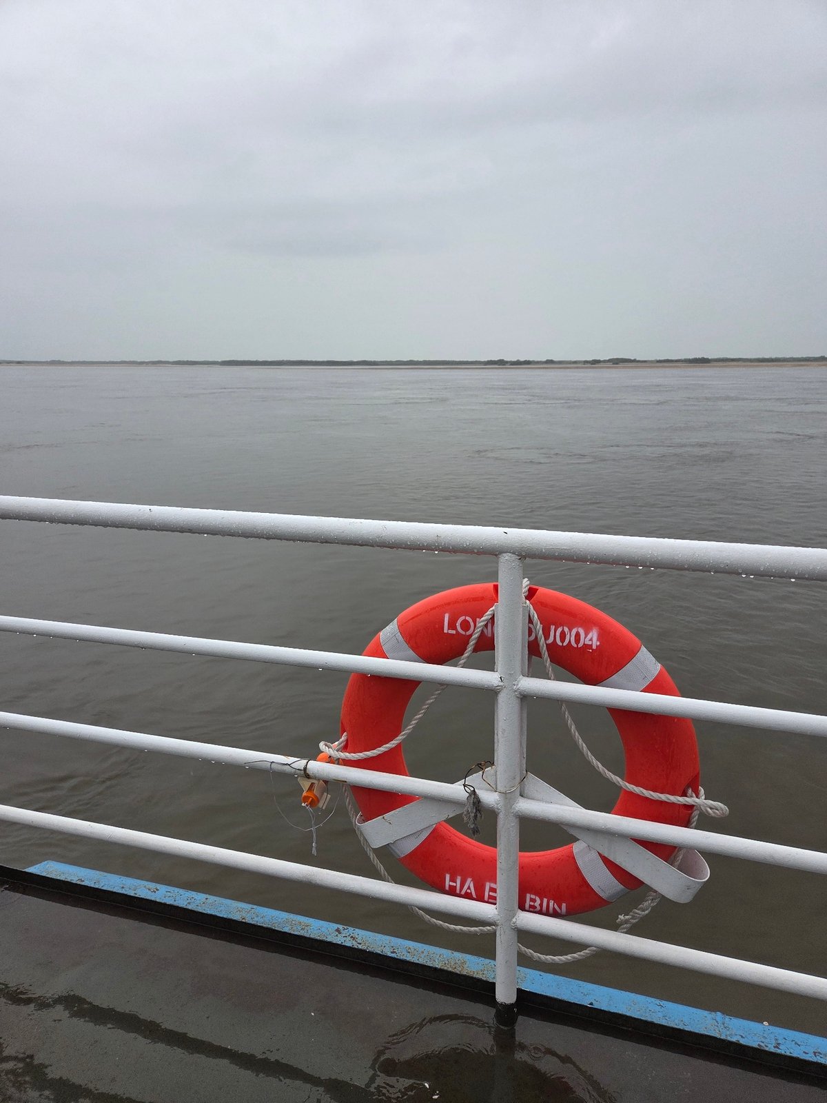 Ferry passengers document rainy crossing with vehicles in China