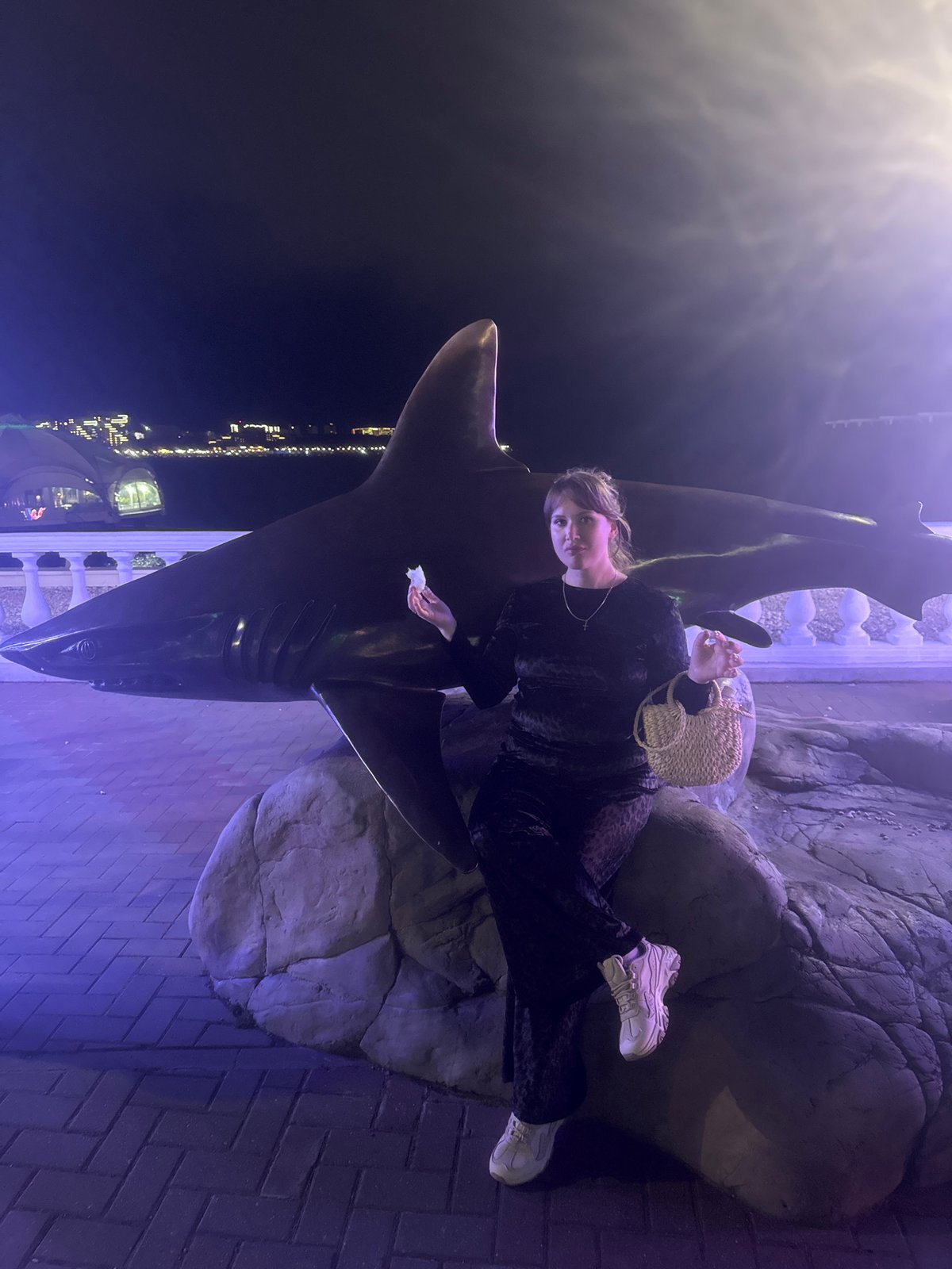 Evening tourism activity captured at Gelendzhik's illuminated waterfront promenade