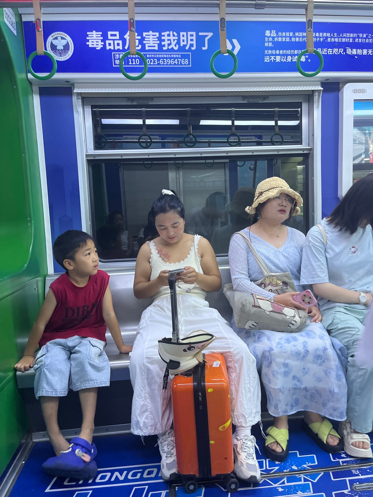 Everyday commuter scenes inside a subway station and car