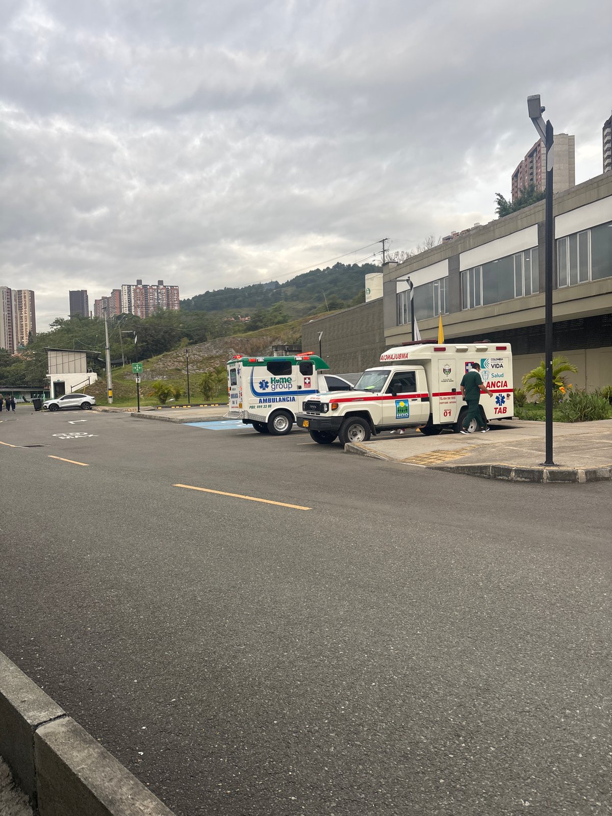 Ambulances stationed on Bello street with medical personnel present