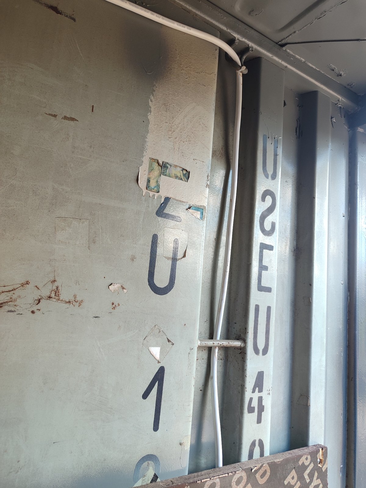 Inside a container or workshop space with lumber and plants