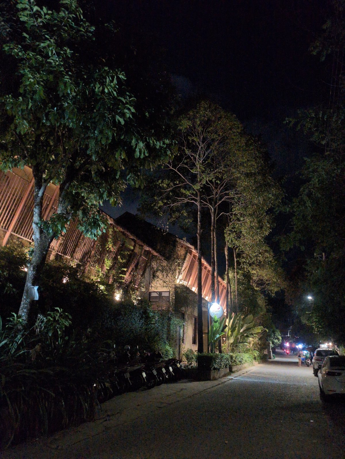Wooden lattice building captured at night in Phú Quốc