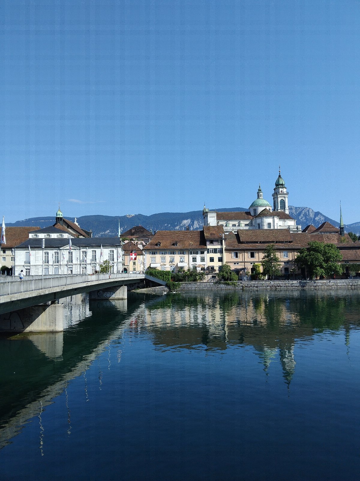 Aare River and Solothurn's historic waterfront on a clear morning